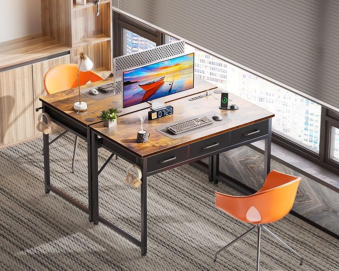 AODK 40 Inch Small Computer Desk with 3 Fabric Drawers, Office Desk with USB/Type-C Charging Ports & Power Outlets, Vanity Desk with Iron Hook for Bedroom, Study/Writing/Work Table for Bedroom,Vintage - LeafyLoom