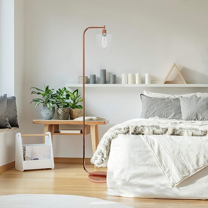 Simple Designs LF1036-RGD Antique Style Industrial Iron Lantern Floor Lamp with Glass Shade, Rose Gold - LeafyLoom