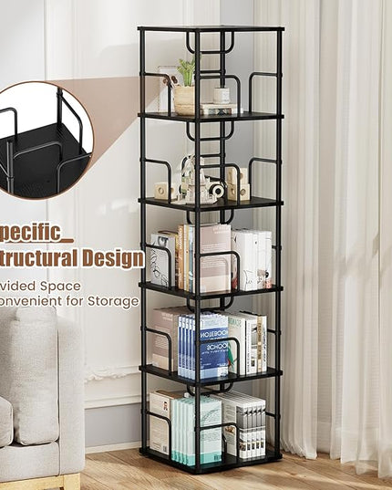 5 Tier Square Rotating Bookshelf, 360 ° Display Stackable Spinning Bookshelf Tower, Space Saving Tall Floor Standing Swivel Bookcase Corner Storage Organizer for Bedroom, Living Room, Black - LeafyLoom