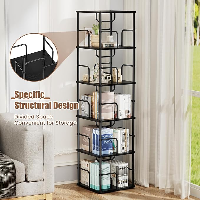 5 Tier Square Rotating Bookshelf, 360 ° Display Stackable Spinning Bookshelf Tower, Space Saving Tall Floor Standing Swivel Bookcase Corner Storage Organizer for Bedroom, Living Room, Black - LeafyLoom