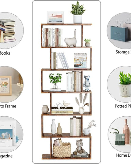 Yusong Geometric Bookcase, Bookshelf 6-Tier S Shaped Book Shelves for Bedroom, Modern Wood Decorative Display Shelf Tall Book Case for Home Office, Rustic Brown - LeafyLoom
