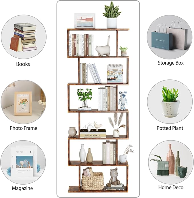 Yusong Geometric Bookcase, Bookshelf 6-Tier S Shaped Book Shelves for Bedroom, Modern Wood Decorative Display Shelf Tall Book Case for Home Office, Rustic Brown - LeafyLoom