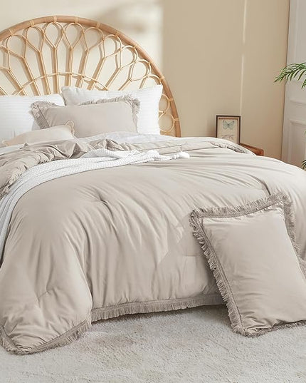 Litanika Linen Grey Cal King Size Comforter Set, Boho Tassel Comforter Aesthetic 3 Pieces, Lightweight Fringe Microfiber Bedding Set for All Season(1 Comforter 104x96 inch, 2 Pillowcases) - LeafyLoom