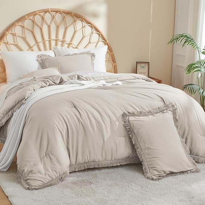 Litanika Linen Grey Cal King Size Comforter Set, Boho Tassel Comforter Aesthetic 3 Pieces, Lightweight Fringe Microfiber Bedding Set for All Season(1 Comforter 104x96 inch, 2 Pillowcases) - LeafyLoom