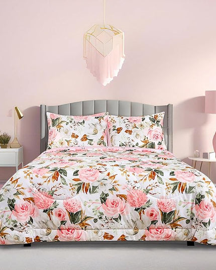 DILIMI Full Size Comforter Set for Girls, Reversible Comforter Full Size, 5 Pieces Ultra Soft Pink Floral Full Size Bed Comforter Sets with Sheet, Comforter, Flat Sheet, 2 Pillowcase - LeafyLoom