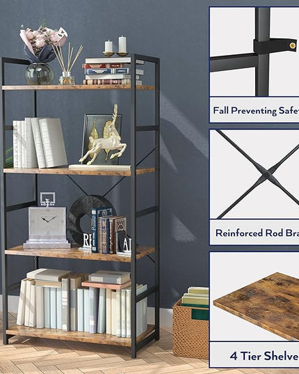 NUMENN 4 Tier Bookshelf, Tall Bookcase Shelf Storage Organizer, Modern Book Shelf for Bedroom, Living Room and Home Office, Vintage - LeafyLoom