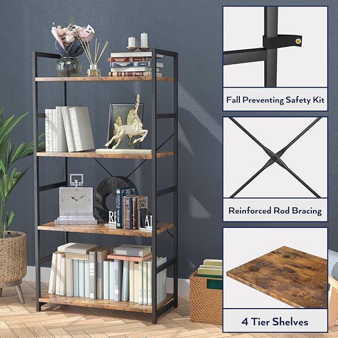 NUMENN 4 Tier Bookshelf, Tall Bookcase Shelf Storage Organizer, Modern Book Shelf for Bedroom, Living Room and Home Office, Vintage - LeafyLoom