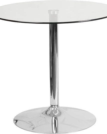 Flash Furniture Hills 31.5'' Round Glass Dining Table with 29''H Chrome Base, Decorative Narrow Round Tempered Glass Cocktail Table, Clear/Silver - LeafyLoom
