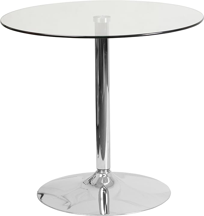 Flash Furniture Hills 31.5'' Round Glass Dining Table with 29''H Chrome Base, Decorative Narrow Round Tempered Glass Cocktail Table, Clear/Silver - LeafyLoom