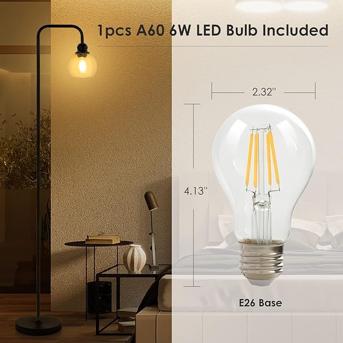 Modern Floor Lamps for Living Room with 6W LED Bulb, Industrial Floor Lamp, Clear Glass, Black Classic Reading Tall Lamp for Home Office, Standing Lamps for Bedroom, Study, Minimalist, Vintage - LeafyLoom