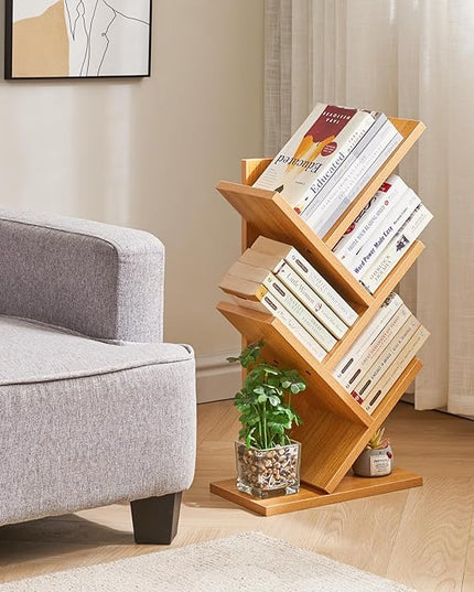 YMYNY 4 Tier Tree Bookshelf, Small Bookcase, Modern Wood Book Storage Rack, Freestanding Book shelf for Books/Movies/CDs, Narrow Display Rack for Living Room, Home Office, Natural UHBC014N - LeafyLoom