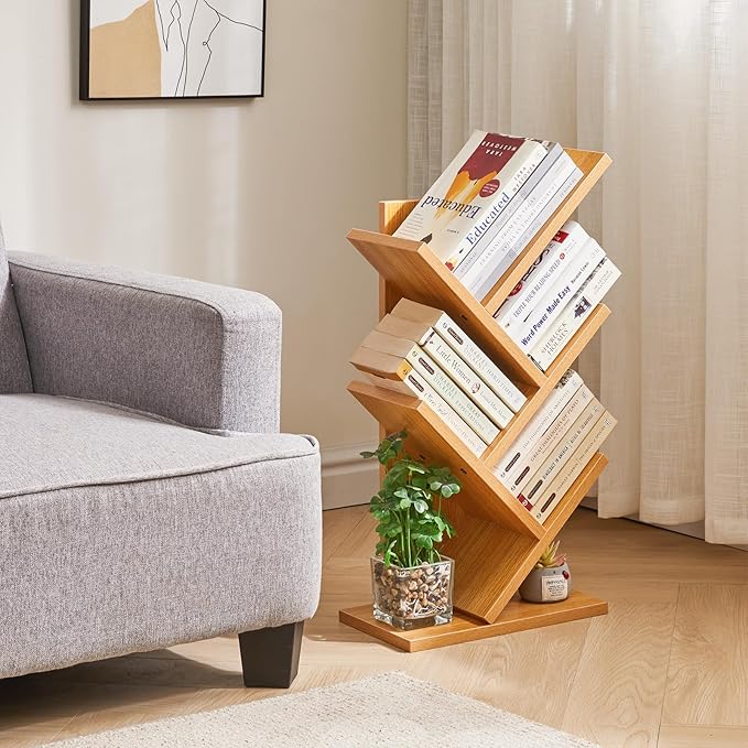 YMYNY 4 Tier Tree Bookshelf, Small Bookcase, Modern Wood Book Storage Rack, Freestanding Book shelf for Books/Movies/CDs, Narrow Display Rack for Living Room, Home Office, Natural UHBC014N - LeafyLoom