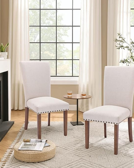 Parsons Dining Chairs Set of 4, Upholstered Nailhead Dining Room Kitchen Side Chair with Thick Cushions and Wood Legs, Beige - LeafyLoom