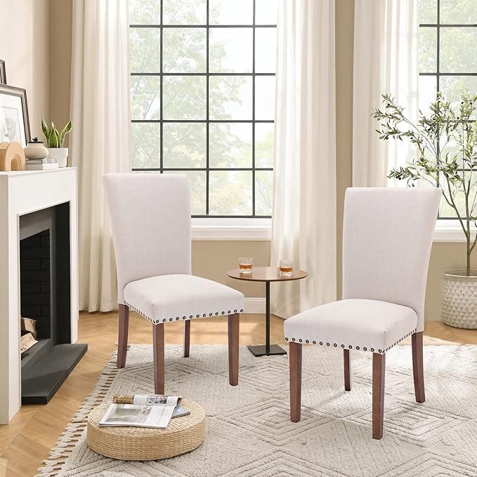 Parsons Dining Chairs Set of 2, Upholstered Nailhead Dining Room Kitchen Side Chair with Thick Cushions and Wood Legs, Beige - LeafyLoom