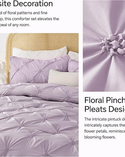 BEDELITE Light Purple King Size Comforter Set - 3 Pieces Boho Pintuck Bedding Comforter Sets, Lightweight Soft & Warm King Bedding Set with 2 Pillowcases for All Season - LeafyLoom