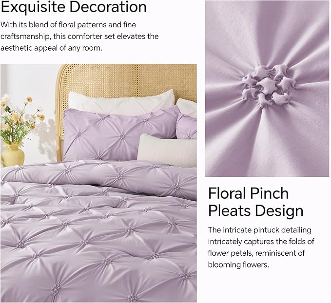BEDELITE Light Purple King Size Comforter Set - 3 Pieces Boho Pintuck Bedding Comforter Sets, Lightweight Soft & Warm King Bedding Set with 2 Pillowcases for All Season - LeafyLoom