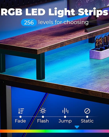 SUPERJARE 55 inch Computer Desk with LED Lights & Power Outlets, Gaming Desk with Monitor Shelf, Small Office Desk for Home & Office, Rustic Brown - LeafyLoom