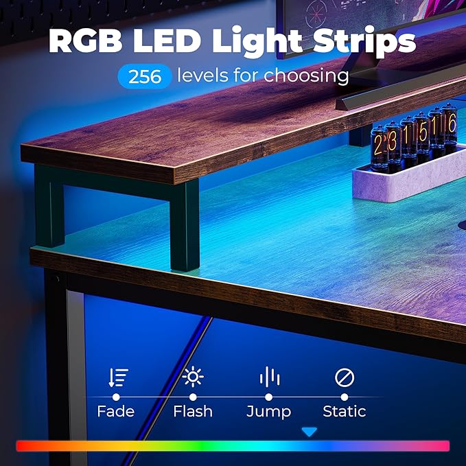 SUPERJARE 55 inch Computer Desk with LED Lights & Power Outlets, Gaming Desk with Monitor Shelf, Small Office Desk for Home & Office, Rustic Brown - LeafyLoom
