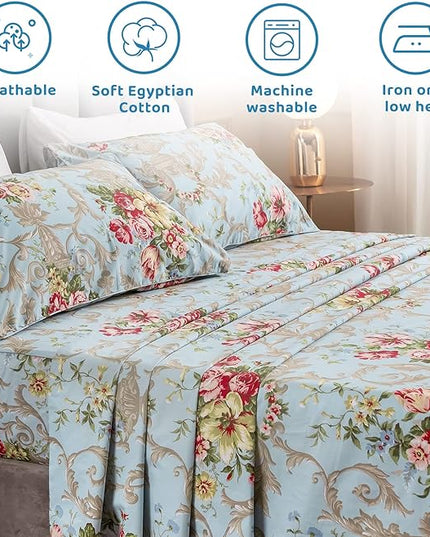 QSH Floral King Size Sheet Sets - Luxury Peony Flower Print Pattern Egyptian Cotton Printed Bedding Sheets 4pcs Extra Soft and Breathable 17.5" Extra Deep Pocket King Size Sheets - LeafyLoom