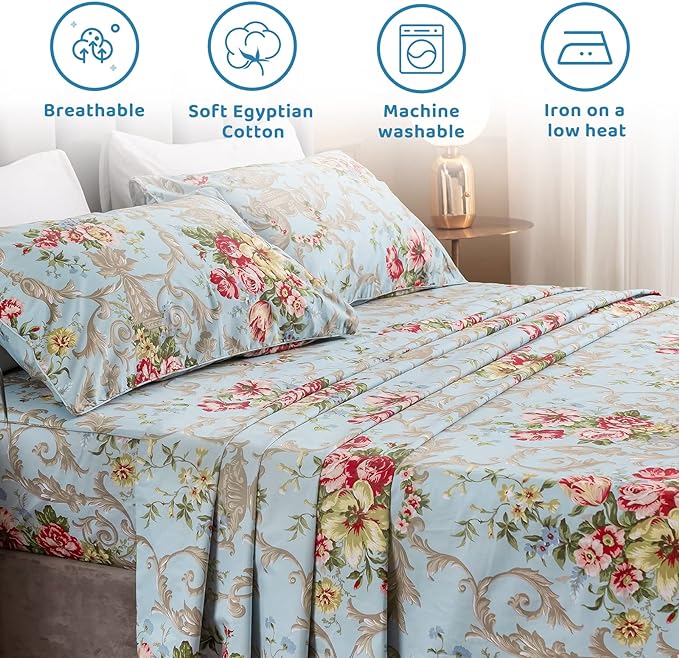 QSH Floral King Size Sheet Sets - Luxury Peony Flower Print Pattern Egyptian Cotton Printed Bedding Sheets 4pcs Extra Soft and Breathable 17.5" Extra Deep Pocket King Size Sheets - LeafyLoom