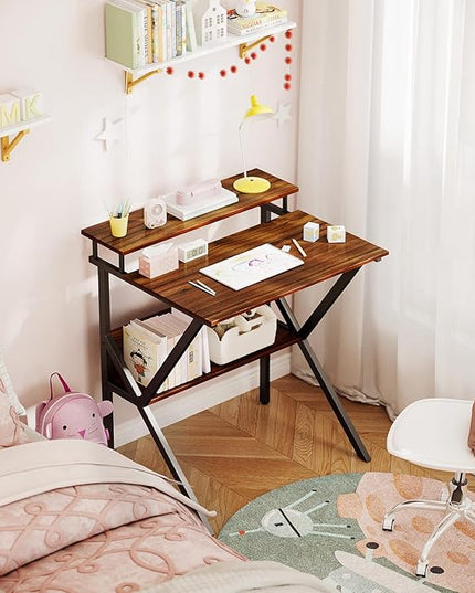 ODK Small Desk, 27.5 Inch Small Computer Desk for Small Spaces, Compact Desk with Storage, Tiny Desk Study Desk with Monitor Stand for Home Office, Espresso - LeafyLoom