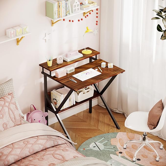 ODK Small Desk, 27.5 Inch Small Computer Desk for Small Spaces, Compact Desk with Storage, Tiny Desk Study Desk with Monitor Stand for Home Office, Espresso - LeafyLoom