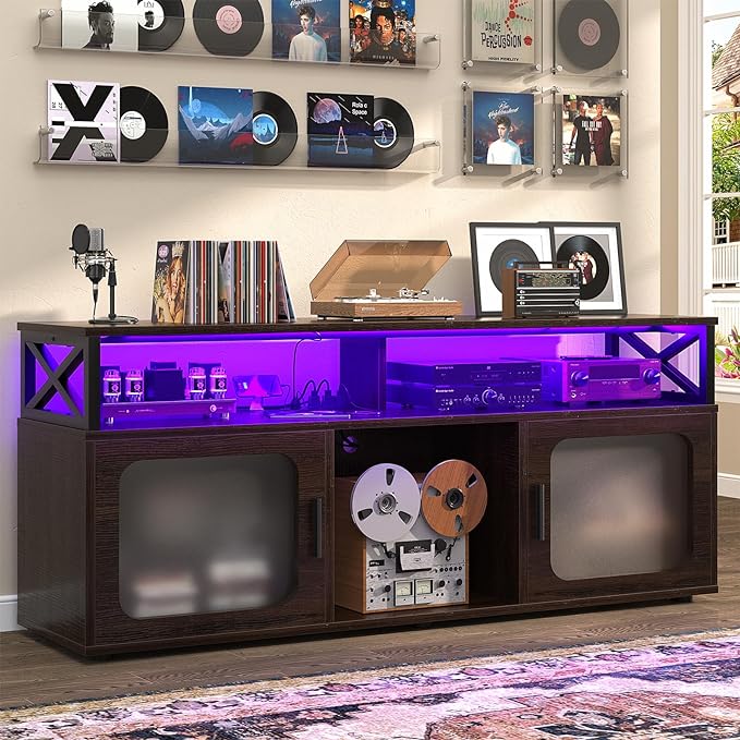 Aheaplus TV Stand for 55 60 Inch TV, Entertainment Center with LED Light and Charging Station, TV Console Table, Large Media Console Cabinet w/Soundbar Shelf, for Living Room, Bedroom, Espresso - LeafyLoom