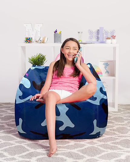 Posh Creations Structured Comfy Bean Bag Chair for Gaming, Reading and Watching TV, Coronado Chair, Nylon - Camo Blue and Light Blue - LeafyLoom