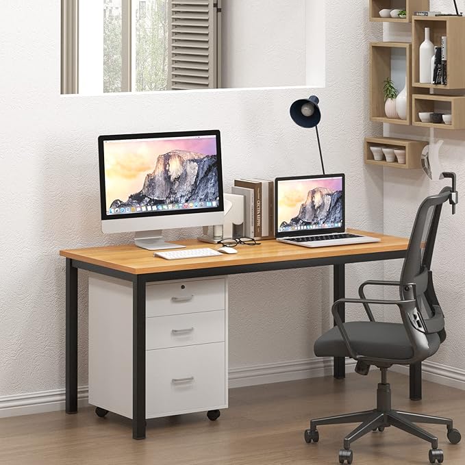 sogesfurniture 55.1 inches Office Desk Computer Desk Gaming Desk Computer Table Sturdy Writing Workstation for Home Office, Teak+Black - LeafyLoom