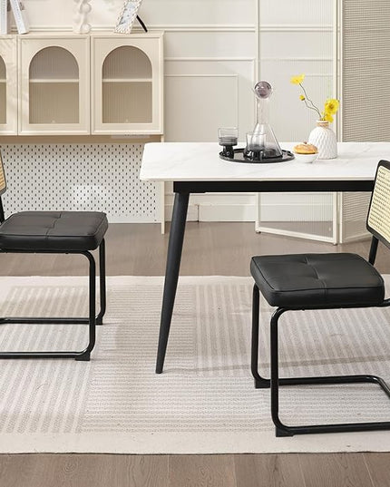 Rattan Dining Chairs Set of 2, Mid Century Modern PU Leather Dining Room Kitchen Chairs with Cane Back, Metal Chrome Legs, Upholstered Wicker Armless Accent Chairs, Black - LeafyLoom