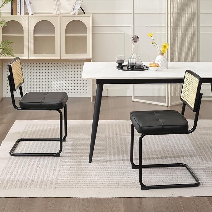 Rattan Dining Chairs Set of 2, Mid Century Modern PU Leather Dining Room Kitchen Chairs with Cane Back, Metal Chrome Legs, Upholstered Wicker Armless Accent Chairs, Black - LeafyLoom