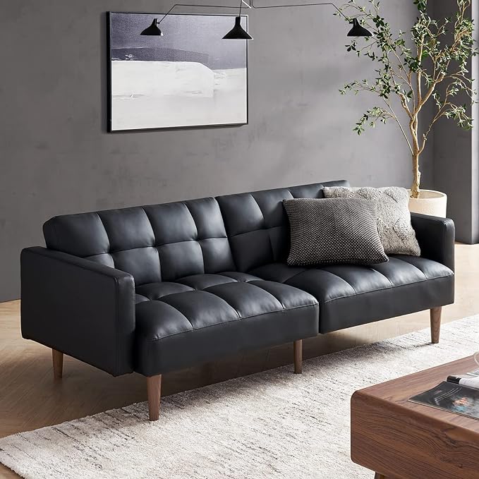 mopio Aaron Couch, Small Sofa, Futon, Sofa Bed, Sleeper Sofa, Loveseat, Mid Century Modern Futon Couch, Sofa Cama, Couches for Living Room, Bedroom (Midnight Black, Faux Leather) - LeafyLoom