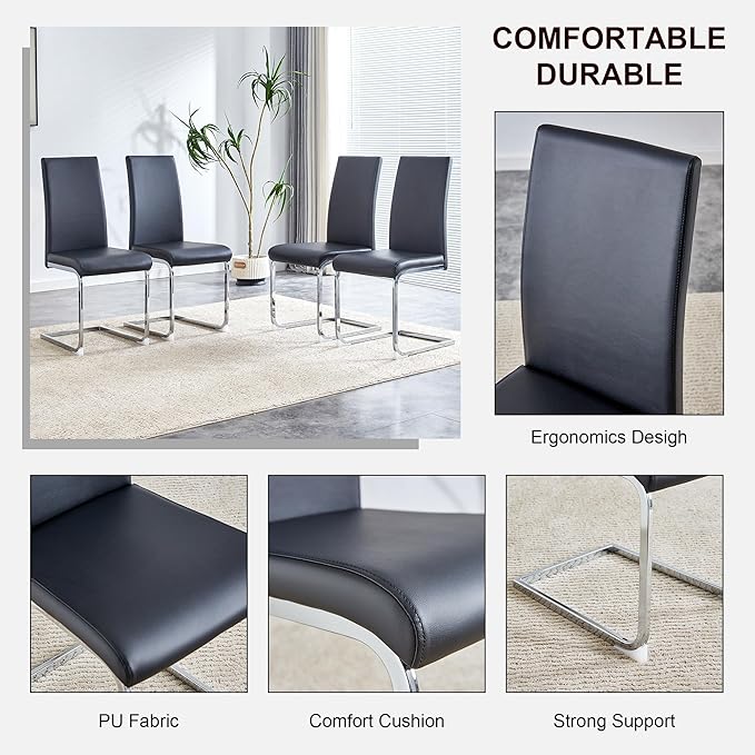 Modern Dining Chairs Set of 4, PU Faux Leather Backrest Cushioned Edge Chairs, Suitable for Dining, Kitchen, Dressing Table, Terrace, Black+PU - LeafyLoom