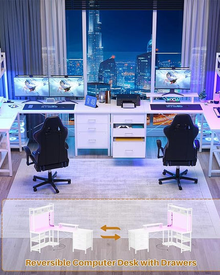 Aheaplus L Shaped Gaming Desk with Hutch, Gaming Desk with Led Lights, Reversible Computer Desk with Power Outlet, Corner Desk with File Drawer & Monitor Stand, Storage Shelves for Home Office, White - LeafyLoom