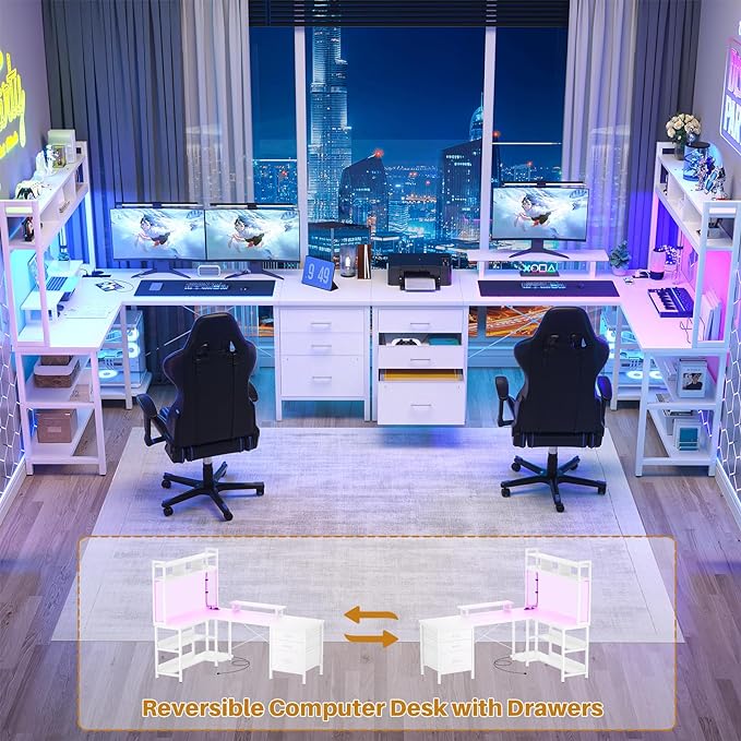 Aheaplus L Shaped Gaming Desk with Hutch, Gaming Desk with Led Lights, Reversible Computer Desk with Power Outlet, Corner Desk with File Drawer & Monitor Stand, Storage Shelves for Home Office, White - LeafyLoom