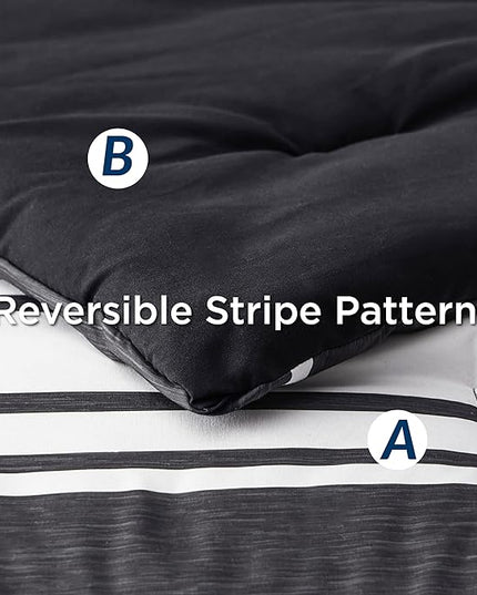 Bedsure Bed in a Bag King Size 7 Pieces, Black White Striped Bedding Comforter Sets All Season Bed Set, 2 Pillow Shams, Flat Sheet, Fitted Sheet and 2 Pillowcases - LeafyLoom