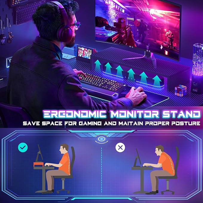 Homieasy Small Gaming Desk with Power Outlets Pegboard LED Light, 43 Inch L Shaped Computer Desk with Monitor Stand Storage Shelves, Reversible Corner Desk with Headset Hooks, Carbon Fiber Black - LeafyLoom