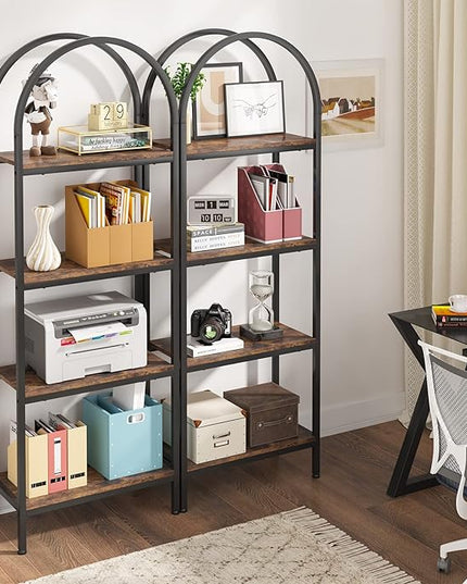 4-tier Arched Bookshelf, Tall Open Bookcase Storage Shelves, Wood Metal Freestanding Display Rack Tall Shelving Unit for Home Office, Bedroom, Living Room, Rustic Brown - LeafyLoom