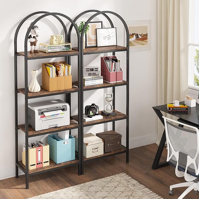 4-tier Arched Bookshelf, Tall Open Bookcase Storage Shelves, Wood Metal Freestanding Display Rack Tall Shelving Unit for Home Office, Bedroom, Living Room, Rustic Brown - LeafyLoom