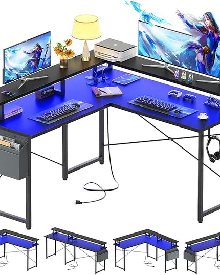 armocity L Shaped Computer Desk with Power Outlets, Gaming Desk L Shaped with LED Lights, Corner Desk with Storage Shelves, Work Study Desk for Bedroom, Home Office Small Spaces, 47'', Black - LeafyLoom