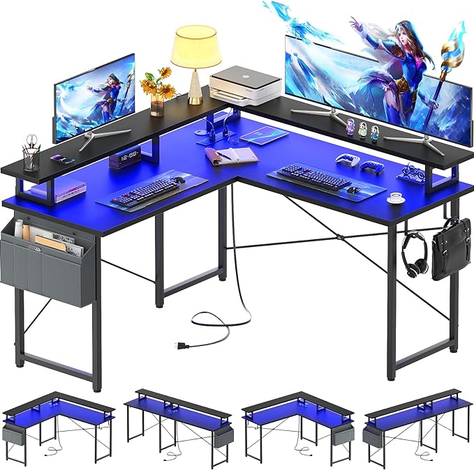 armocity L Shaped Computer Desk with Power Outlets, Gaming Desk L Shaped with LED Lights, Corner Desk with Storage Shelves, Work Study Desk for Bedroom, Home Office Small Spaces, 47'', Black - LeafyLoom