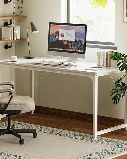 Computer Desk, 63 Inch Office Desk, Gaming Desk with Storage, Writing Desk Work Desk for Home Office, Study, Modern Simple Desk, Large Legroom, Metal Frame, White - LeafyLoom