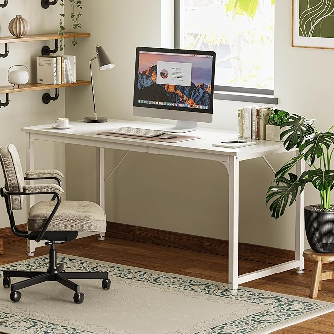 Computer Desk, 63 Inch Office Desk, Gaming Desk with Storage, Writing Desk Work Desk for Home Office, Study, Modern Simple Desk, Large Legroom, Metal Frame, White - LeafyLoom