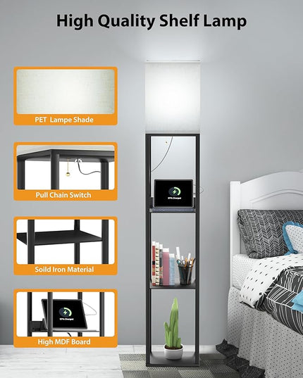 Evajoy Floor Lamp with Shelves, Smart RGB Floor Lamps Work with Alexa, with 2 USB Ports & 1 AC Output, Modern 4-Tier Lamp for Display Storage,Black - LeafyLoom