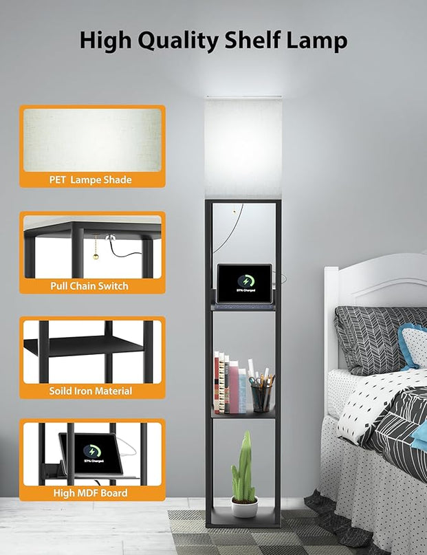 Evajoy Floor Lamp with Shelves, Smart RGB Floor Lamps Work with Alexa, with 2 USB Ports & 1 AC Output, Modern 4-Tier Lamp for Display Storage,Black - LeafyLoom