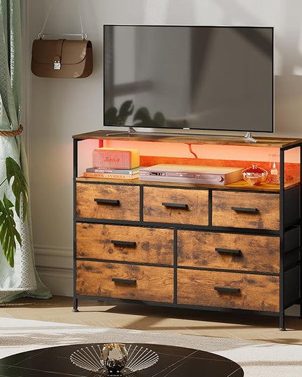 Dresser TV Stand with 7 Drawers, Dresser TV Stand with LED Lights & Power Outlets, Bedroom Dresser, Chest of Drawers up to 45'' Long TV, Wide Fabric Dresser with Open Shelf (Rustic Brown) - LeafyLoom
