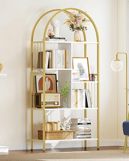 YITAHOME Gold Arched Bookshelf and Bookcase, 5 Tier Standing Book Shelf, Storage Display Rack Shelves for Bedroom Living Room Office,White&Gold - LeafyLoom