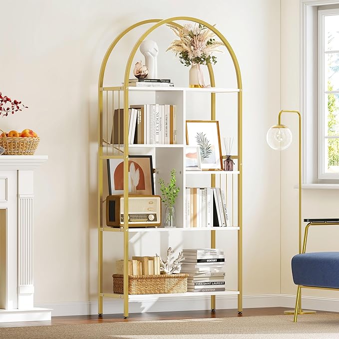 YITAHOME Gold Arched Bookshelf and Bookcase, 5 Tier Standing Book Shelf, Storage Display Rack Shelves for Bedroom Living Room Office,White&Gold - LeafyLoom