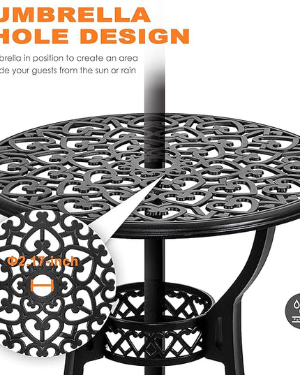 NUU GARDEN 3 Piece Outdoor Bistro Set Cast Aluminum Patio Set Bistro Table Set Rustproof Patio Table and Chairs with Umbrella Hole and Green Cushions for Backyard, Balcony, Porch, Black - LeafyLoom