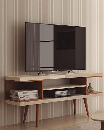 Manhattan Comfort Utopia 53.14" Freestanding Entertainment Center for Living Room, Mid Century Modern TV Stand with Shelves, Storage and Media Holes, Fits 50" Screens, 53.14 Inches, Maple Cream - LeafyLoom